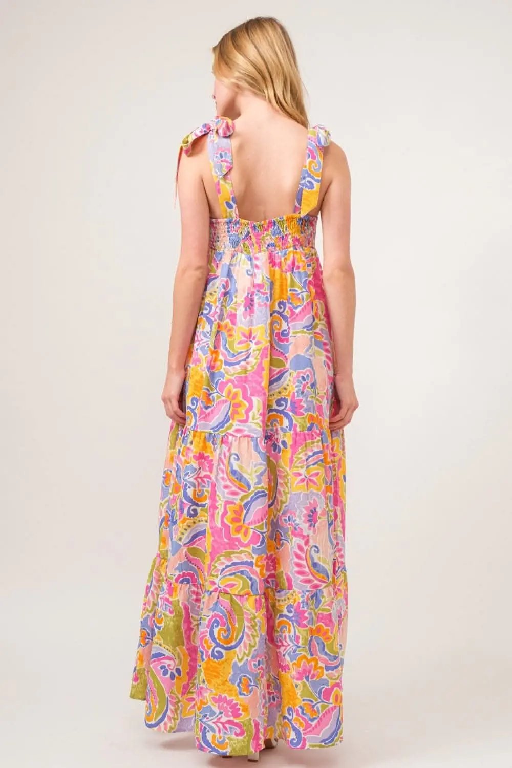 And The Why Full Size Printed Tie Shoulder Tiered Maxi Dress - Love Salve